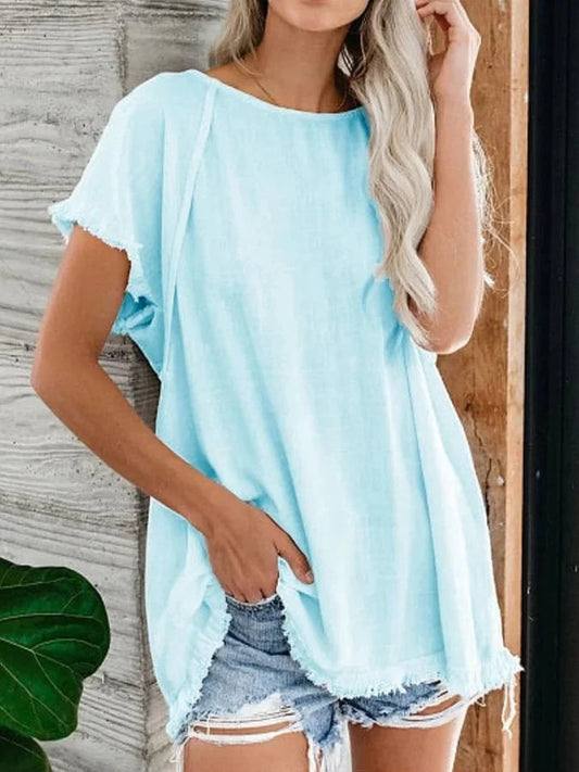 Casual Short Sleeve Solid Color Fringe Top