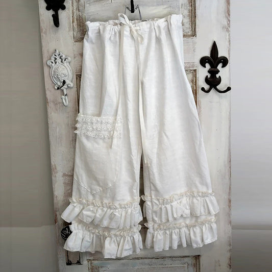 Vintage Elastic Waist Drawstring Flounce Cotton Linen Pocket Pants