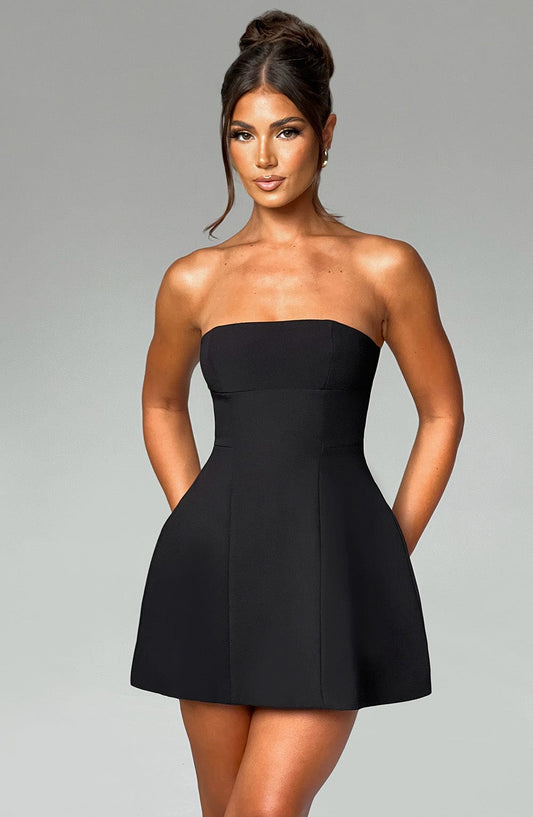 Plain Panel Detail Mini Dress - Black